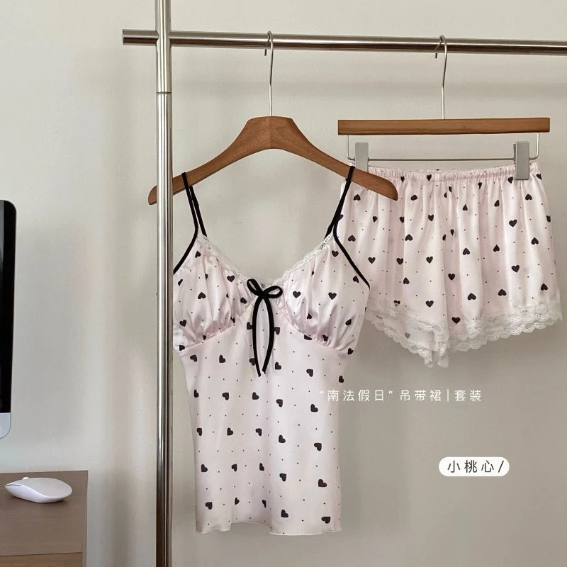 睡衣女夏天2025年新款冰丝吊带短裤两件套装女士性感小个子家居服