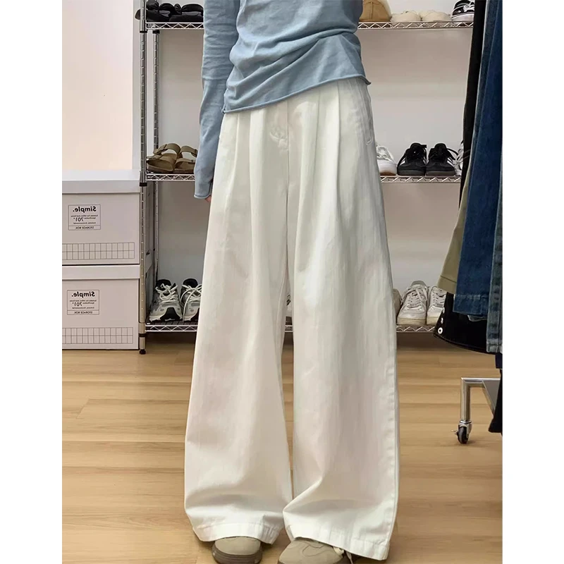 微胖mm白色高腰宽松阔腿牛仔裤女夏季褶皱肌理感显瘦垂感直筒裤子