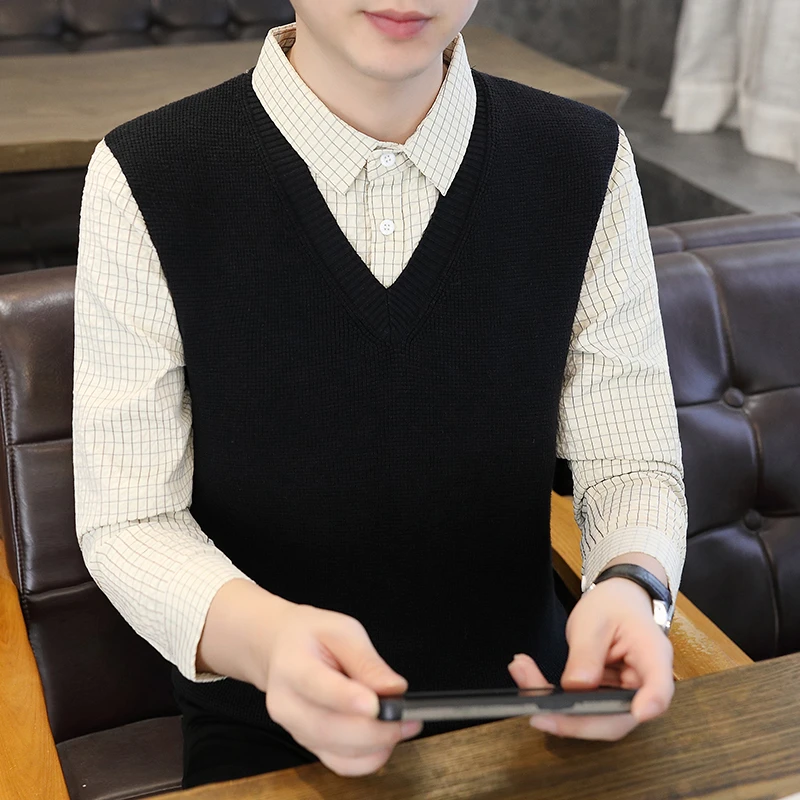 春秋装男士新款假两件毛衣时尚学生长袖衬衫领卫衣纯色打底针织衫