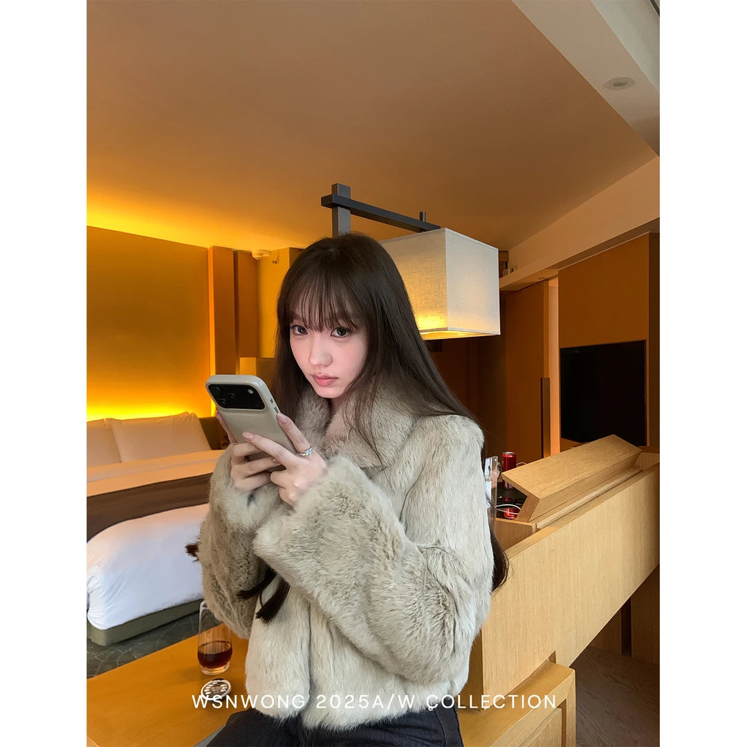 Wsnwong 真兔毛皮草卡其色翻领正肩短款女装短毛皮草冬季外套上衣