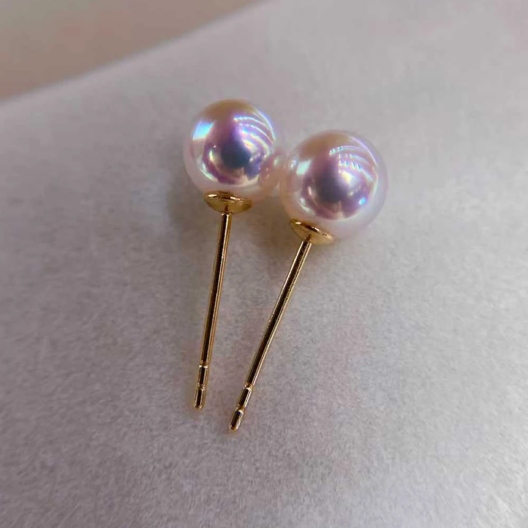 天然珍珠18K海水AKY天女正圆极光耳钉7.5-8mm