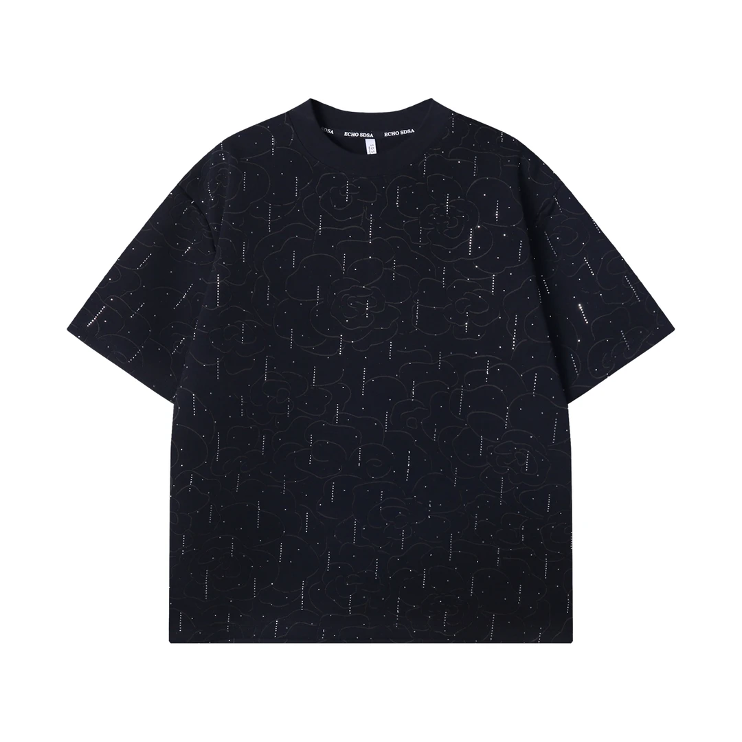 夏季高级感新款韩版满天星提花圆领短袖T恤百搭潮流情侣套头上衣