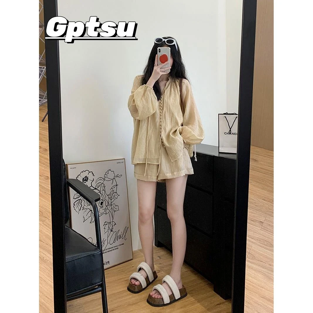 GPTSu夏季特大码胖mm时尚减龄女300斤宽松防晒衣薄外套短裤两件套