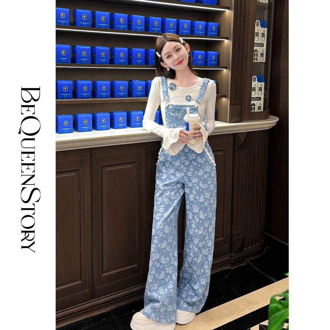 余潇潇【花季旅途】甜美俏皮感高棉缝制花边气质微阔腿大口袋背带裤