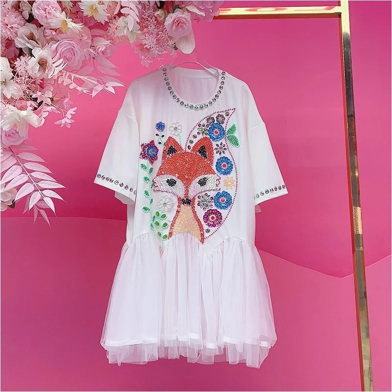 A2457欧美设计师2025夏季新款钉钻刺绣卡通狐狸拼纱休闲连衣裙女
