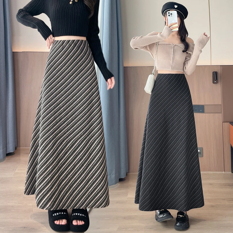 复古斜纹毛呢半身裙女2025秋冬新款高腰气质显瘦小香风A字包臀裙