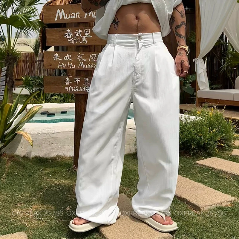 OXFREAK「度假日 老钱风」冰丝褶皱休闲裤男薄款宽松直筒白色裤子