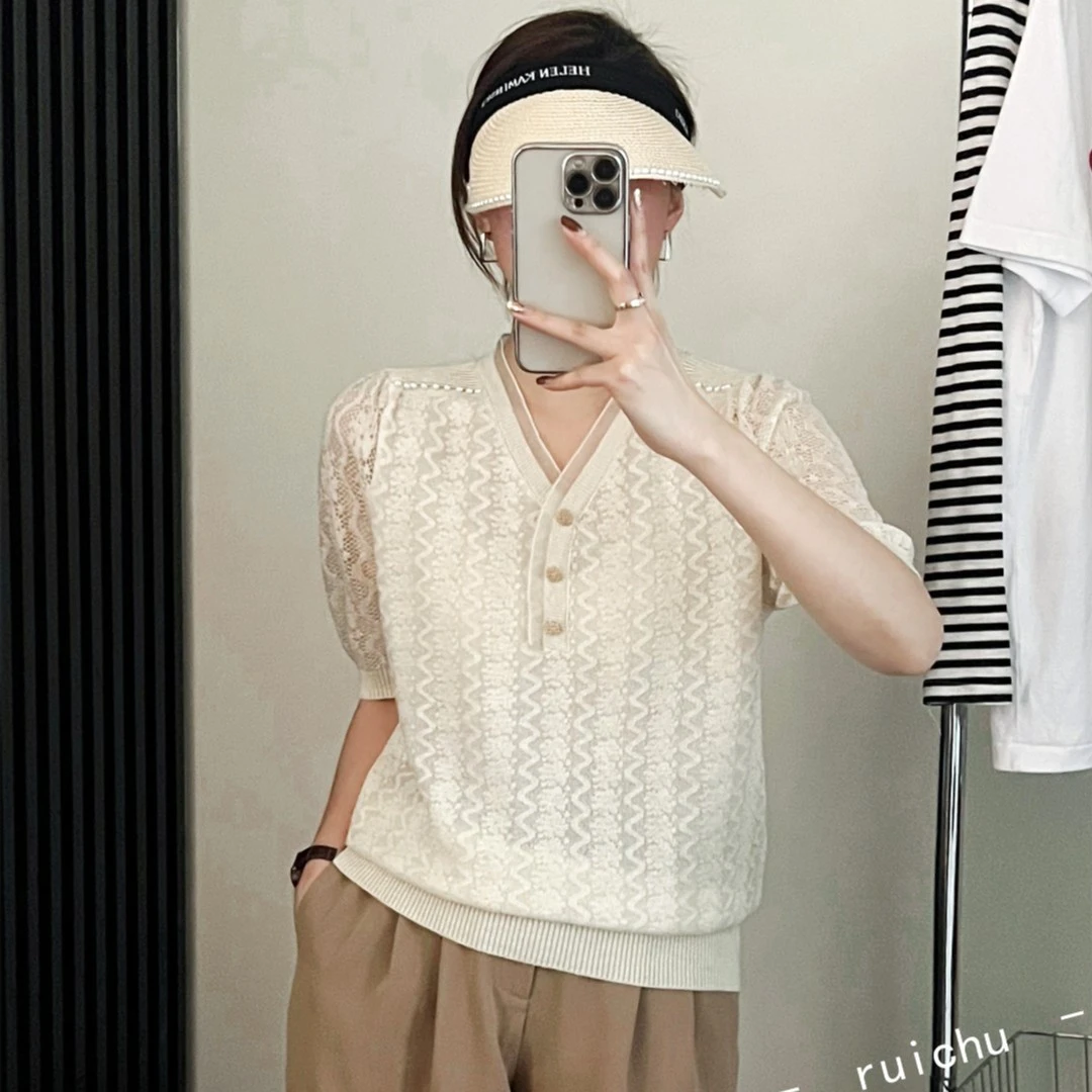 2116【V领欧根纱镶边镂空针织衫】夏季短袖女士时尚上衣薄款
