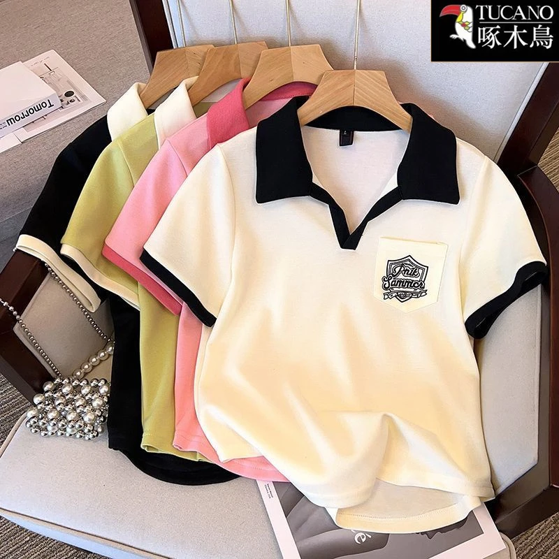 啄木鸟短袖法式POLO领T恤2025年夏季新款撞色减龄刺绣小众上衣女