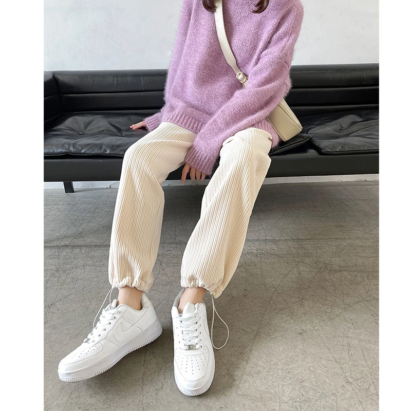 1397秋冬新款束脚抽绳休闲裤女高腰百搭加绒直筒阔腿运动外穿裤