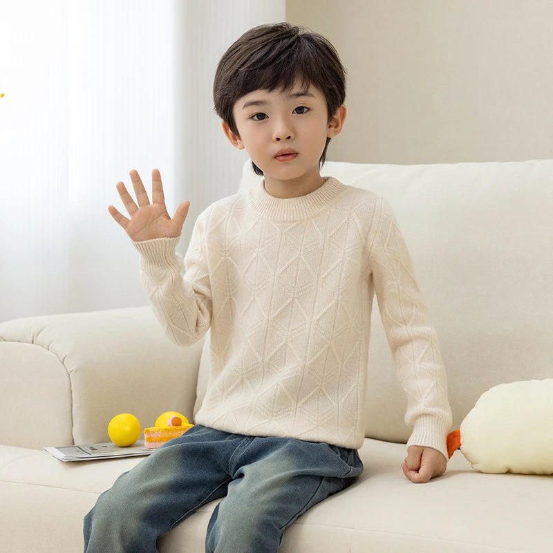男女宝儿童100%羊毛衫圆领设计加厚套头鱼骨纹针织保暖