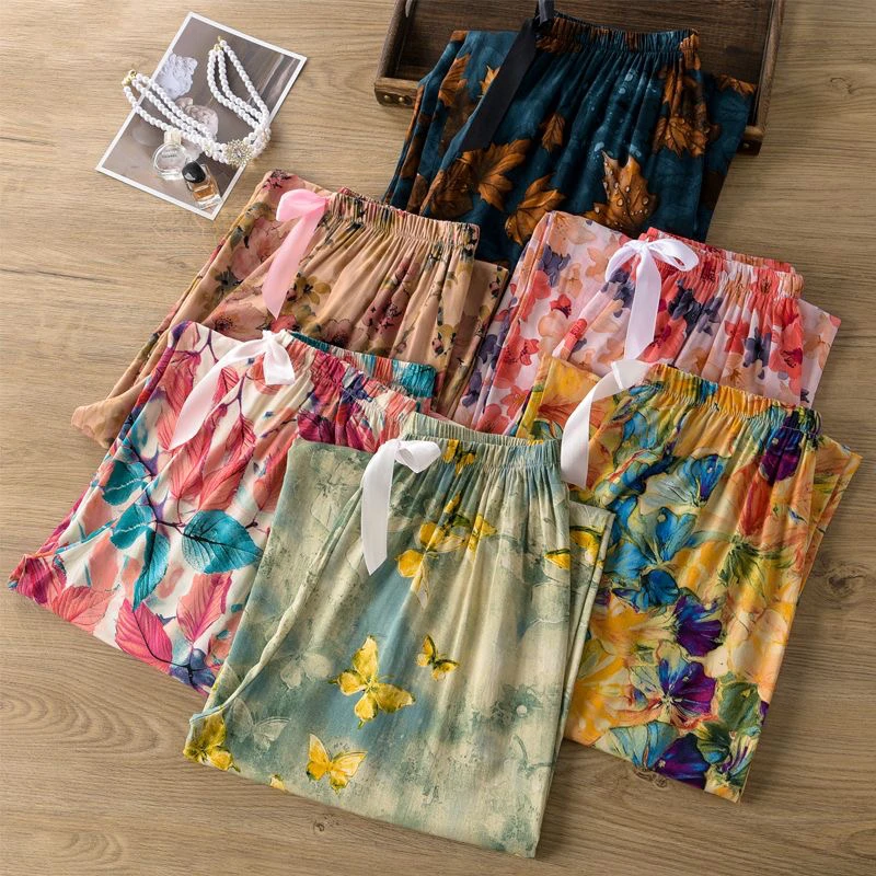 棉绸睡裤休闲夏季女透气薄款阔腿裤宽松家居可外穿九分裙裤空调裤