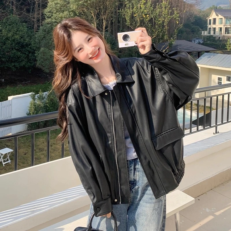 港风复古黑色机车服pu皮衣外套女2025秋冬新款韩版宽松夹克上衣