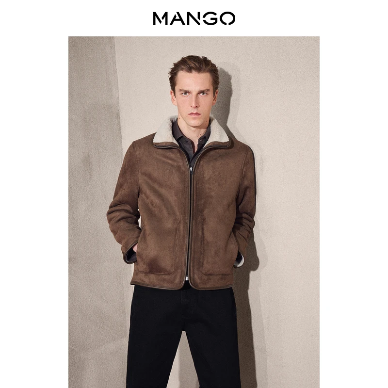MANGO男装短外套2025冬装新款时尚复古麂皮绒直筒防风保暖外套