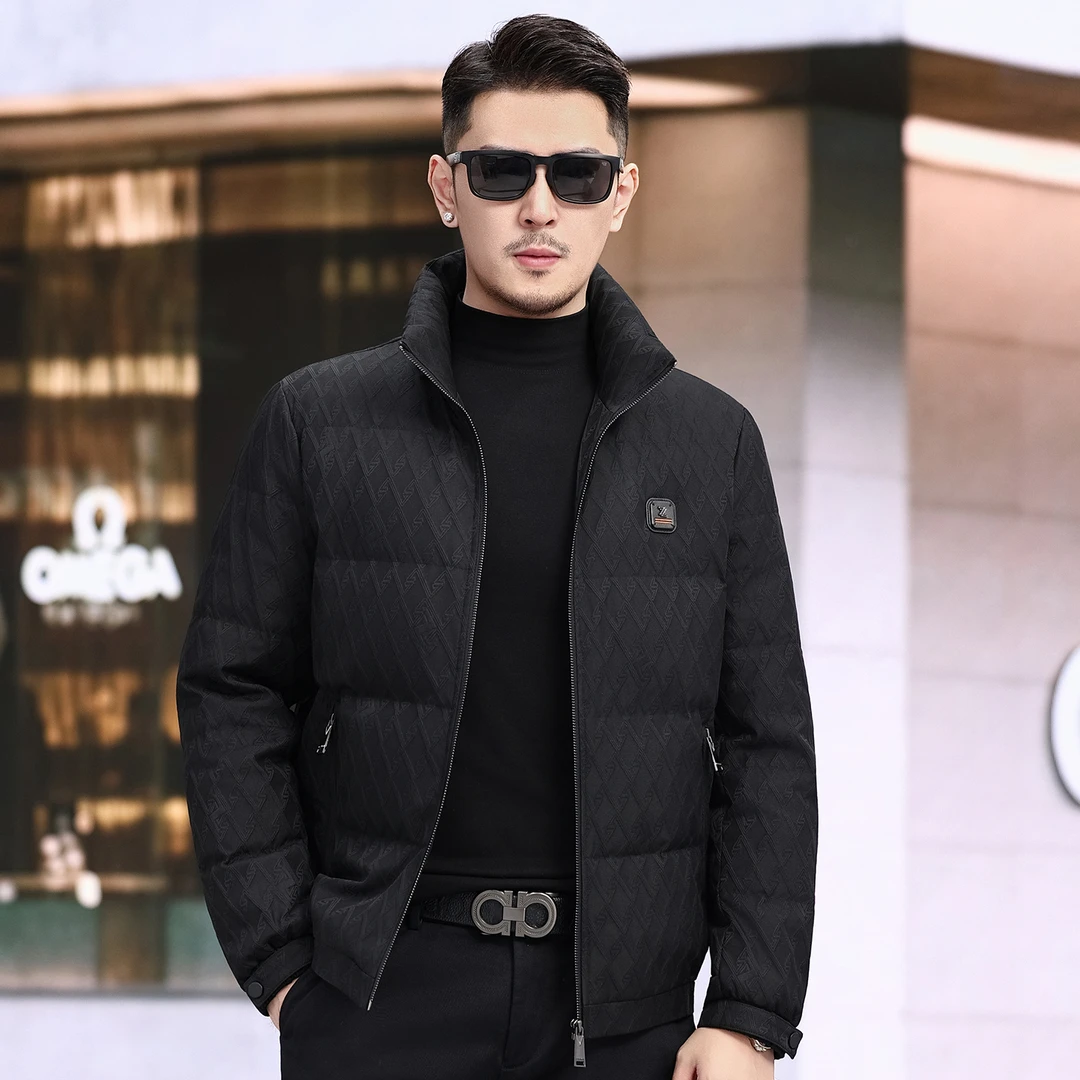 KANMALENLY/肯梅灵列羽绒服男短款冬季立领提花暗纹保暖保暖外套