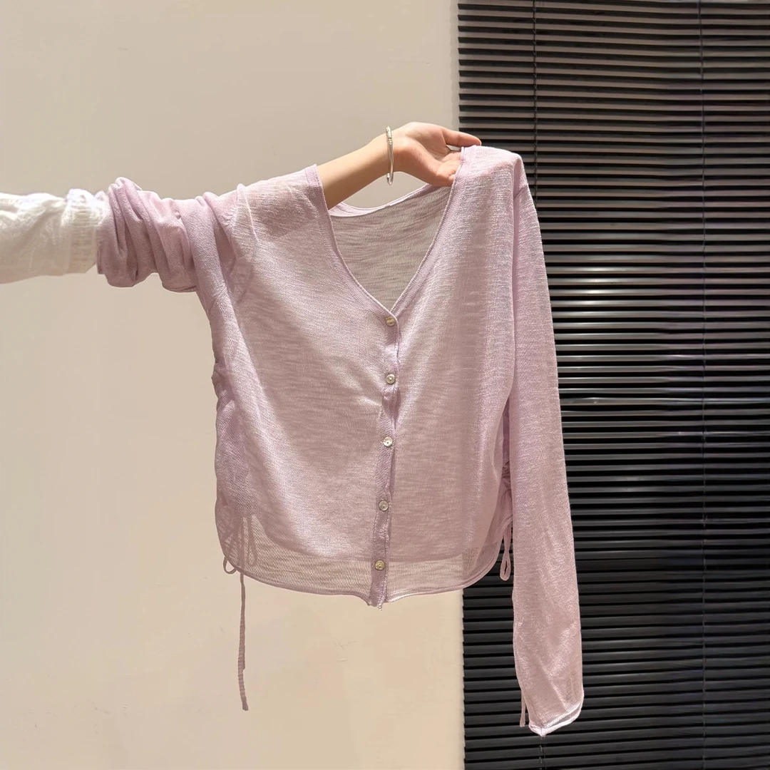 紫色V领防晒时尚长袖开衫女2025夏季气质抽绳设计感薄款上衣