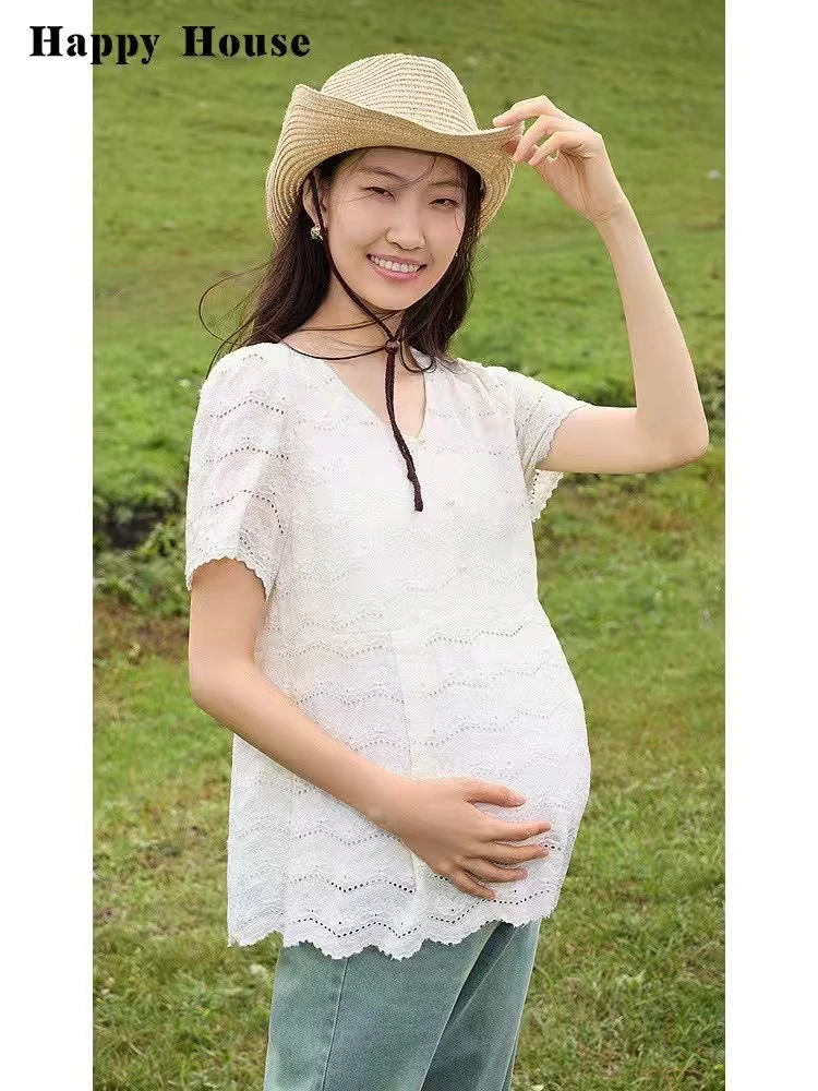 快乐屋春夏薄款孕妇装V领蕾丝短袖上衣宽松镂空小衫HH11237