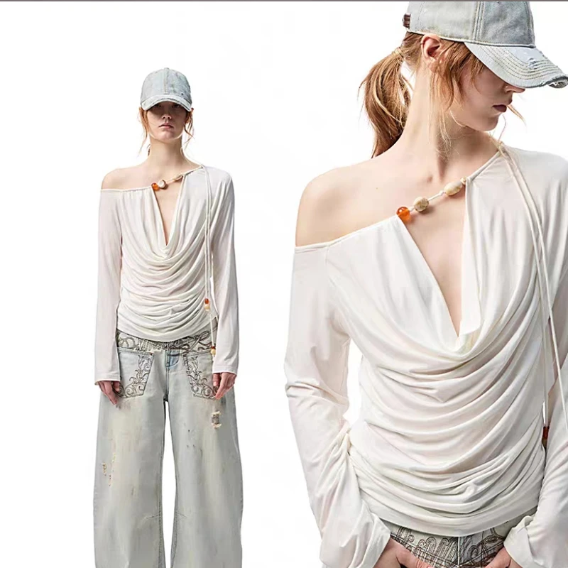 【阿爆同款】AD1S WPKD1串珠荡领露肩长袖罩衫女慵懒抽褶露肩显瘦