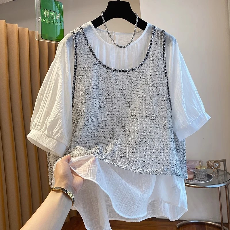 法式减龄薄款短袖雪纺衬衫上衣女夏季新款大码宽松吊带衬衣两件套