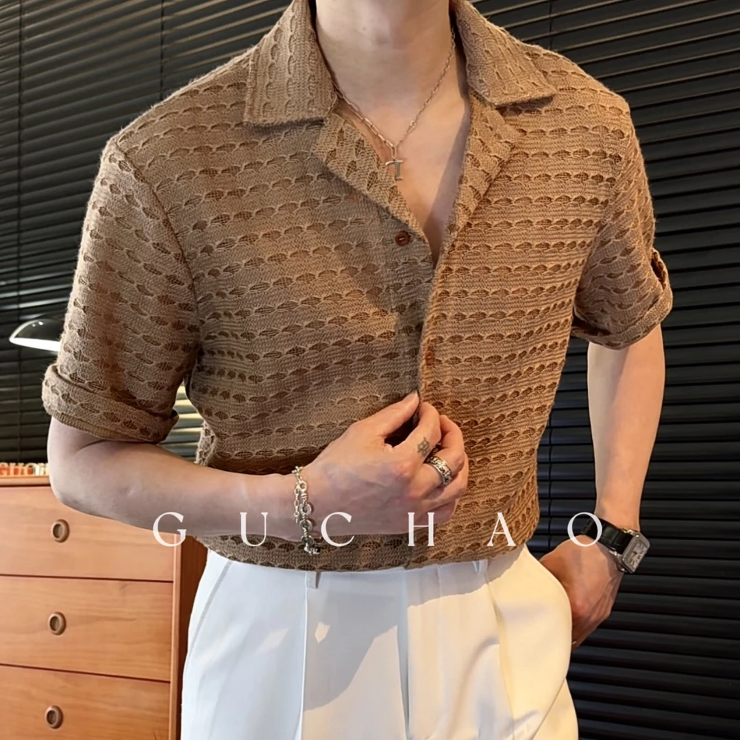 【Gc-古潮 】--上新-夏季男士轻奢镂空潮流高级感休闲短袖衬衫