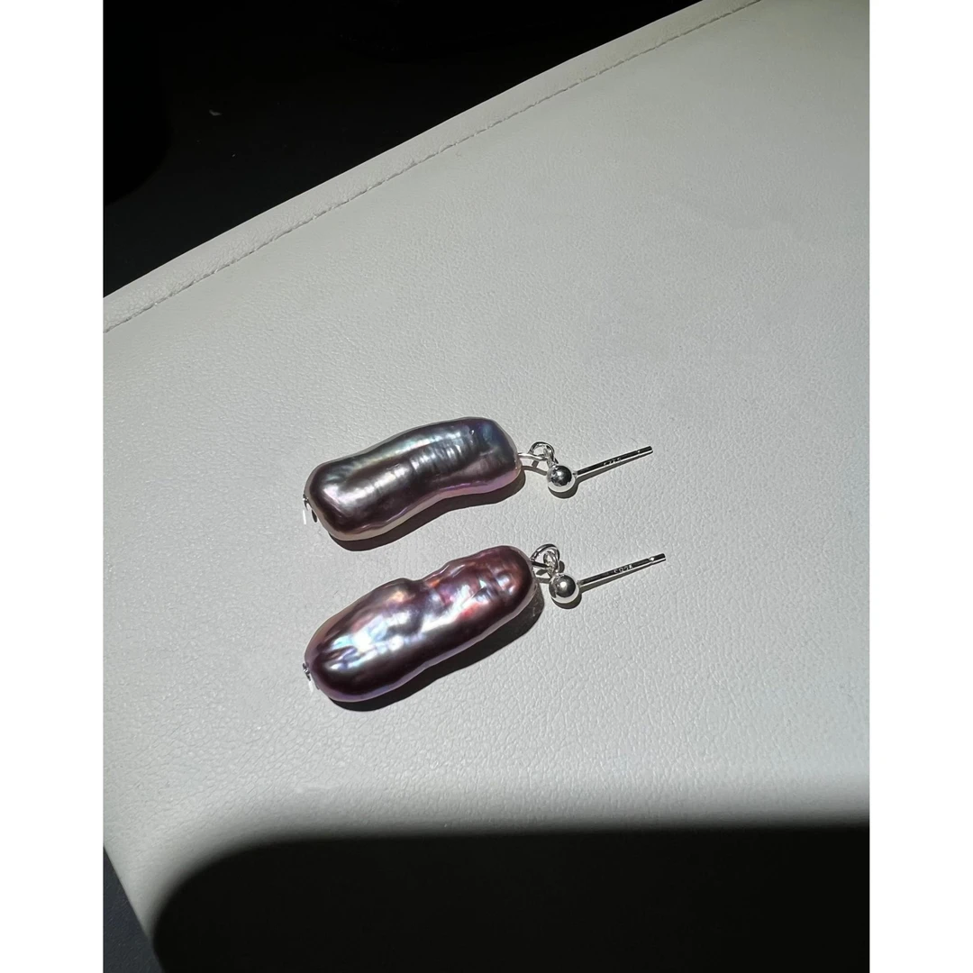 JUNMU高品质紫色无核琵琶珍珠耳坠复古百搭925银耳饰女气质耳钉