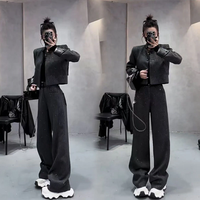 2025春秋冬新款唐装中式国潮风时尚套装女呢外套加棉阔腿裤两件套