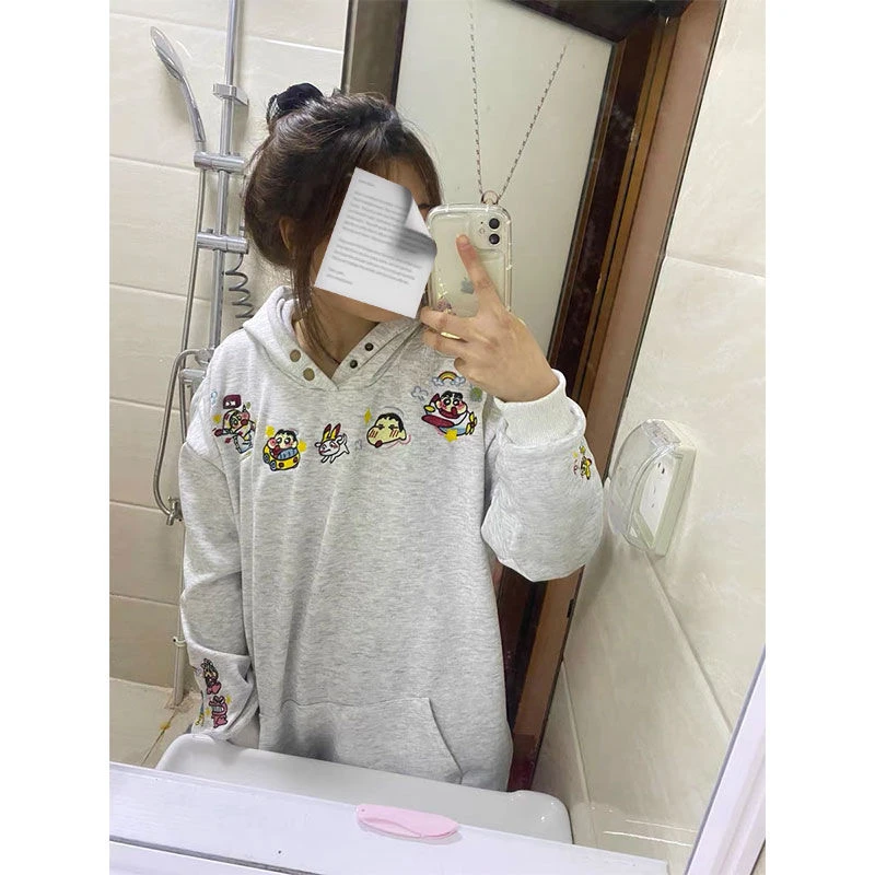 美式潮牌趣味卡通刺绣卫衣男女秋冬季爆款小新设计感情侣款上衣潮