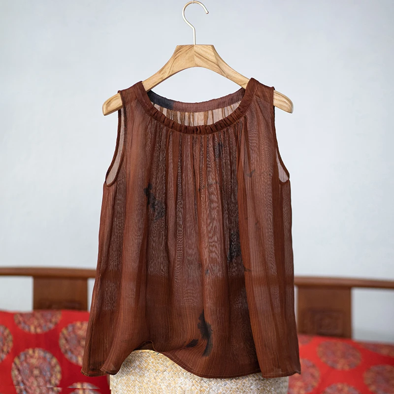 原创女装时尚休闲百搭夏季复古宽松无袖圆领上衣