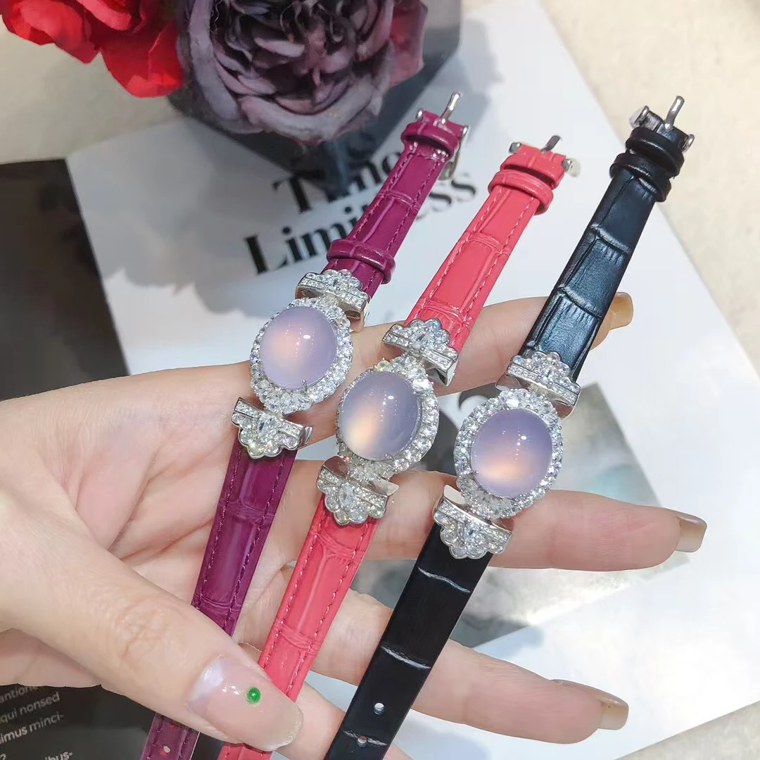 s925银镶嵌小众珠宝精美紫罗兰玉髓鸽子蛋手腕带女款玉石手链手饰