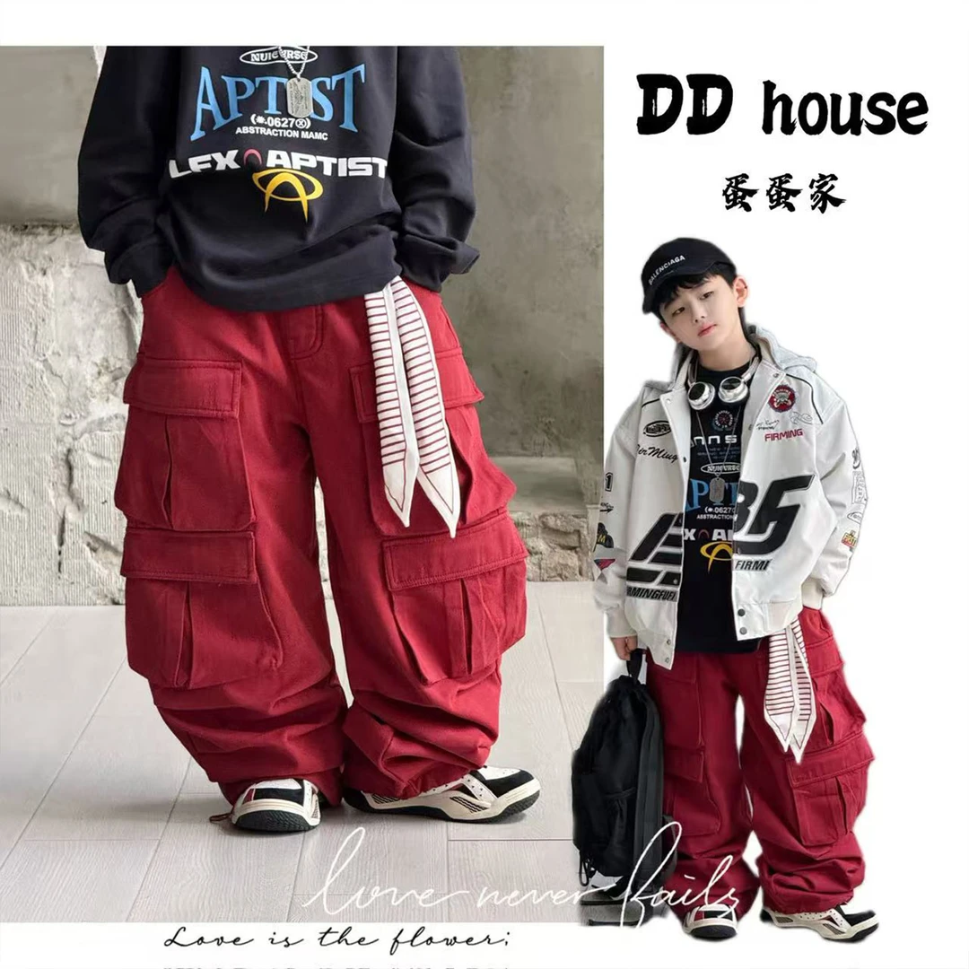 蛋蛋家【聚焦红色】15D017冬季新款红色口袋工装加绒休闲裤