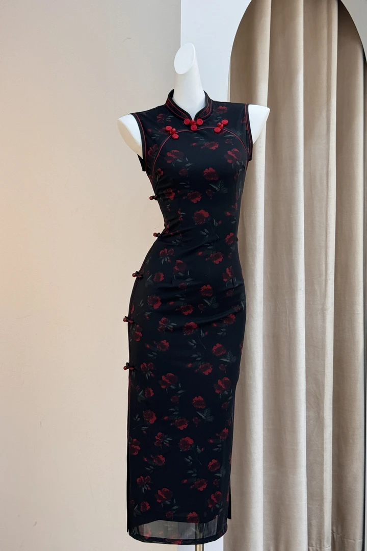 绝美中国风旗袍黑色无袖连衣裙2025新款新中式高端修身复古春夏季