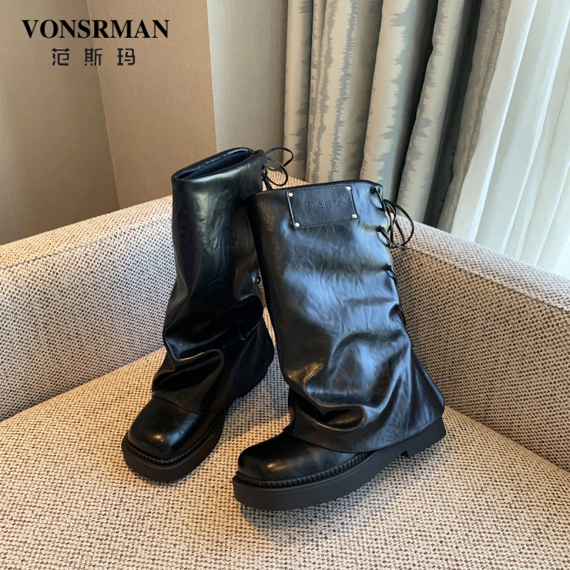 范斯玛机车风复古裤管靴2025新款时髦穿搭厚底皮带扣小众骑士靴