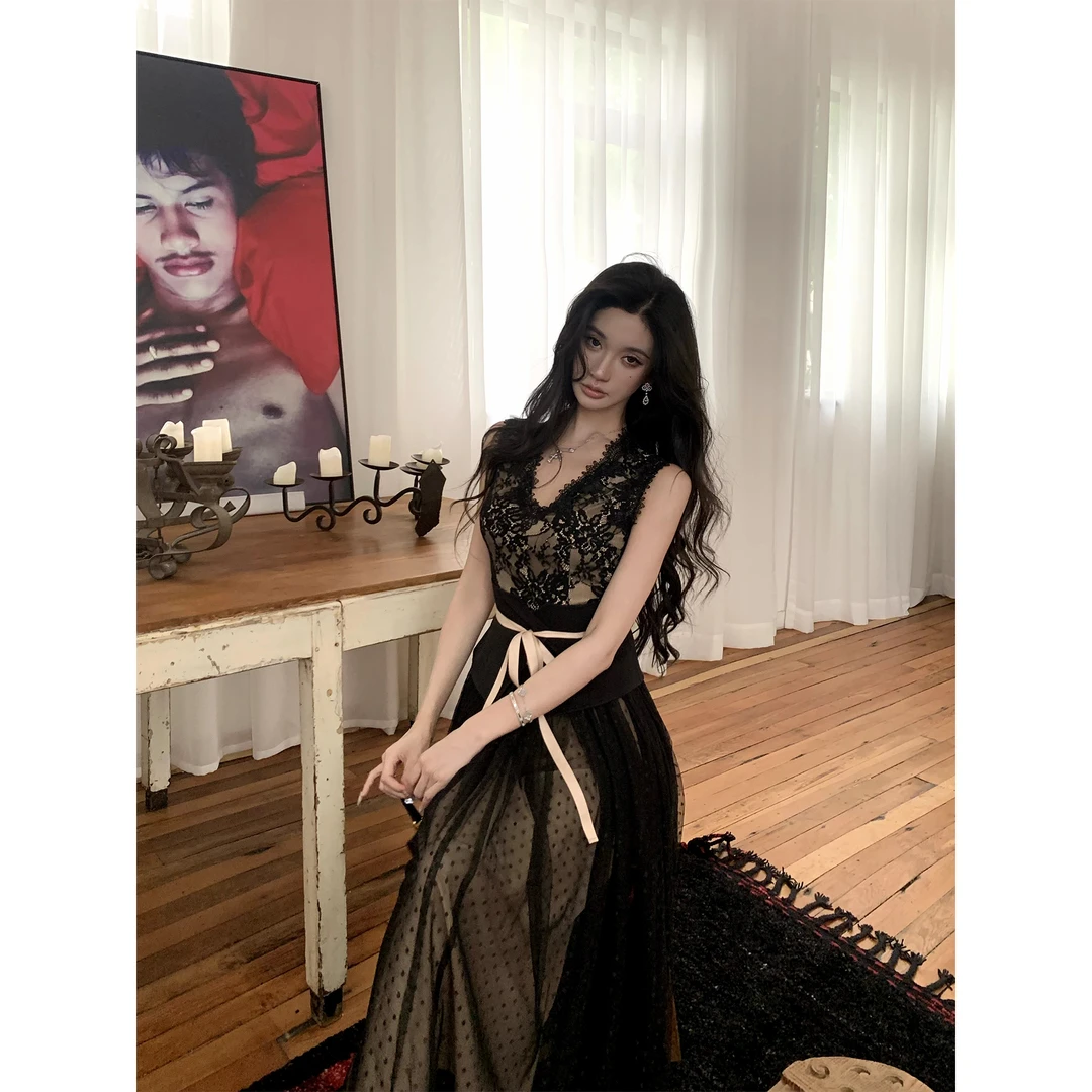 Barb Chill 优雅显瘦V领绣花蕾丝花边波点连衣裙夏季少女风长裙