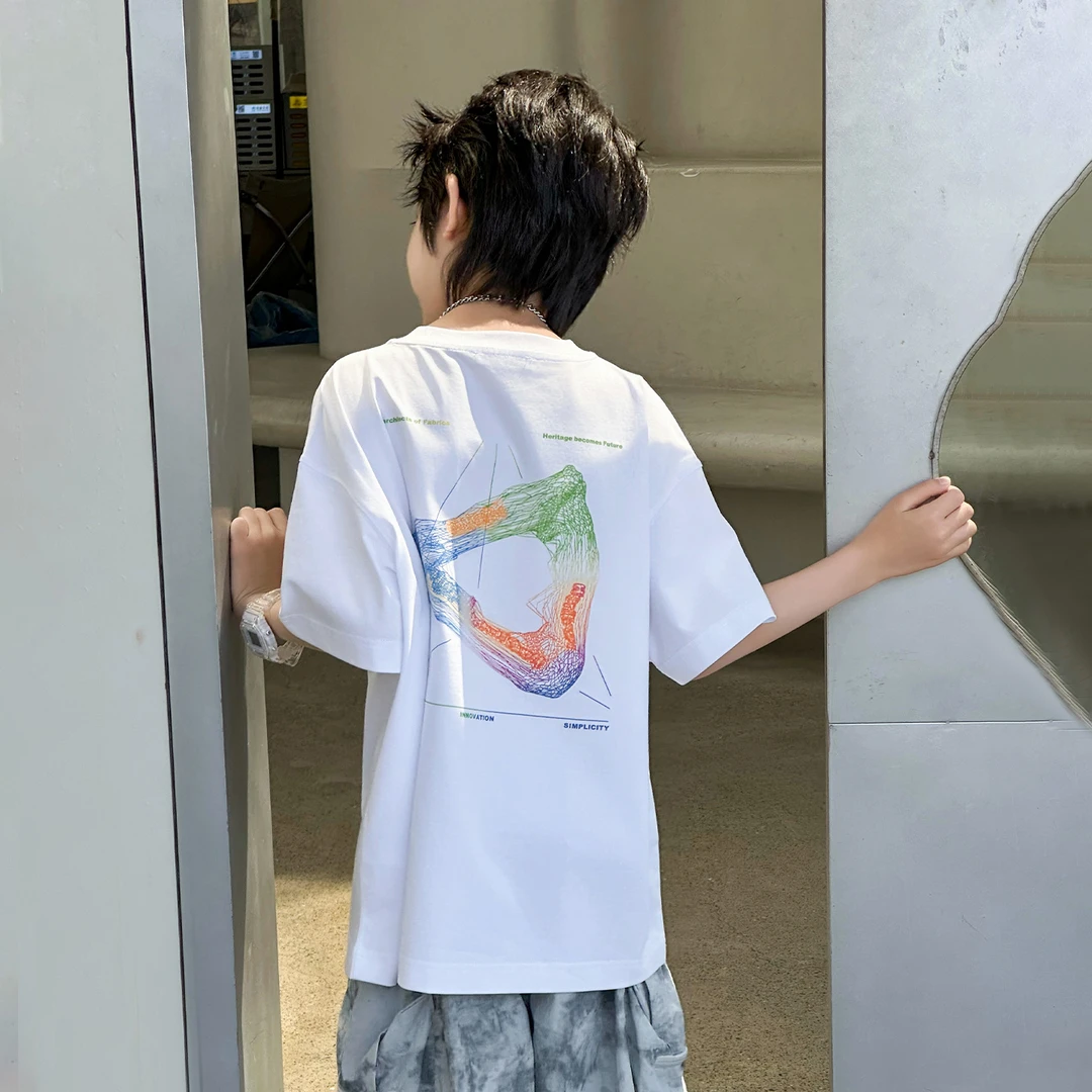 男童夏季白色短袖t恤2025新款中大童帅气时髦夏装手绘凉感半袖潮T