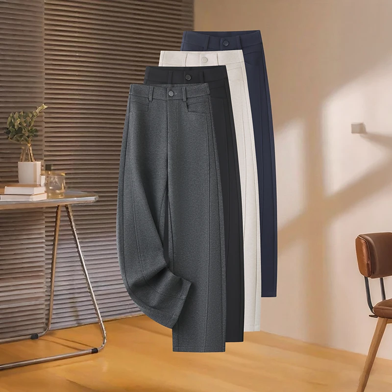 绵羊毛休闲高腰弯刀裤2025新款秋冬加绒加厚女裤显瘦阔腿直筒裤