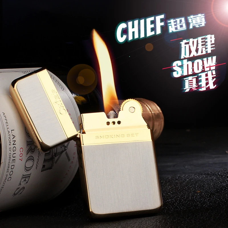 【精品】首领003煤油打火机超薄黄铜老式砂轮个性复古打火机网红