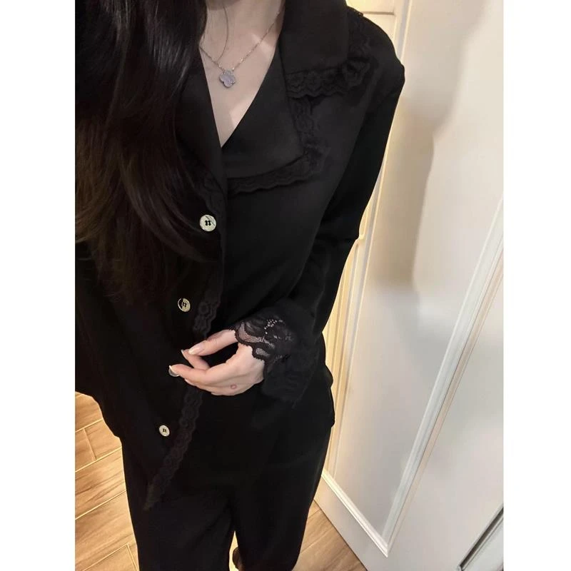 2025新款时尚蕾丝花边冰丝睡衣女春秋季高级感黑色大码家居服套装