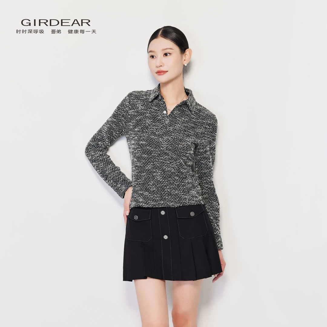 GIRDEAR/哥弟早秋新款休闲通勤上衣威化肌理修身长袖POLO衫130105