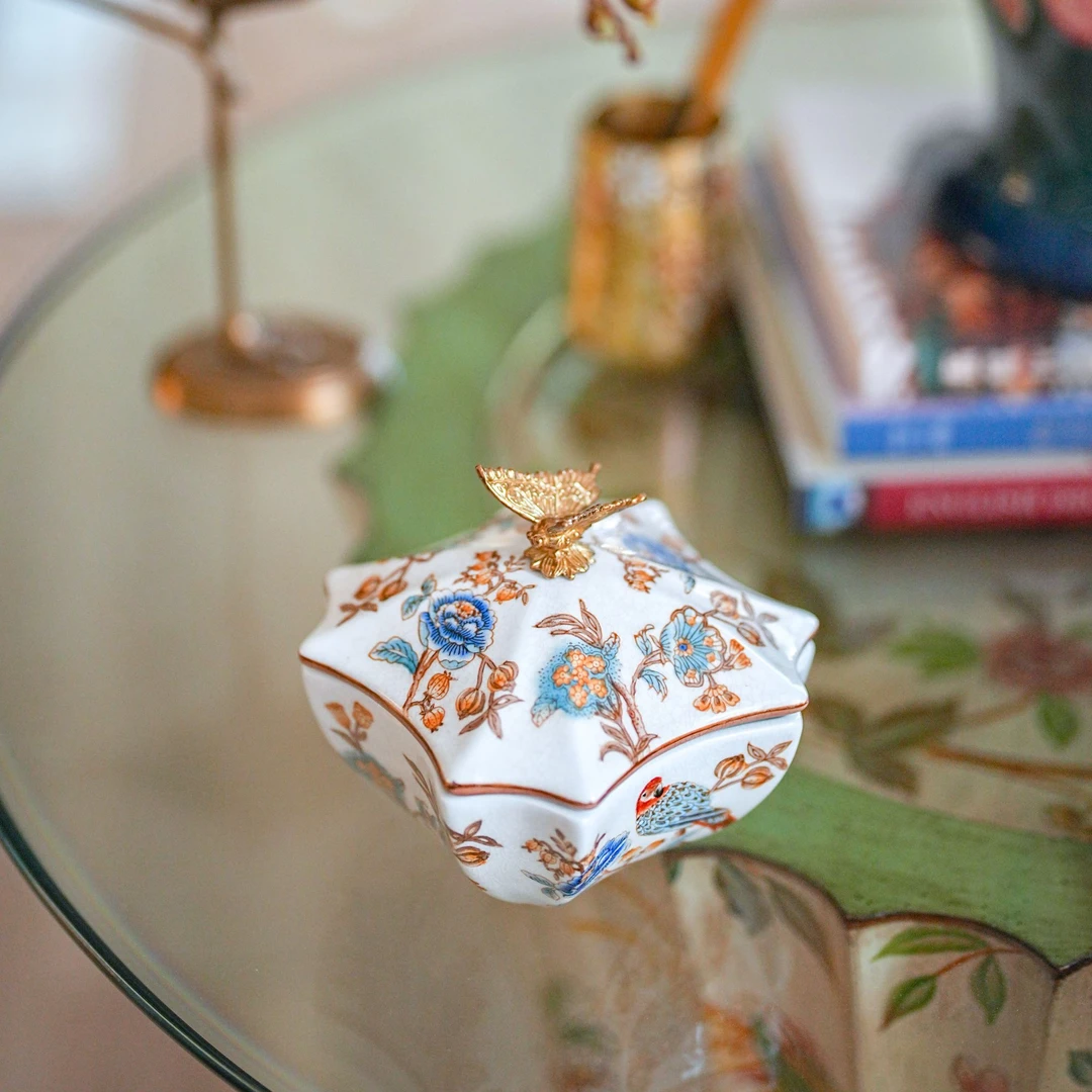 【奇居高端】高温瓷配铜花间鹊系列盖盒客厅收纳摆件#J-078-H293