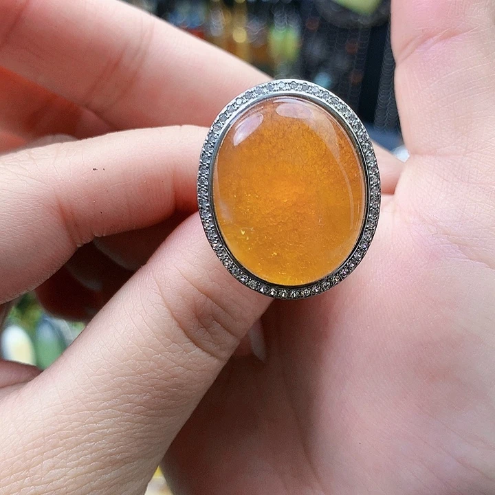 琥珀裸石银S925镶嵌戒指