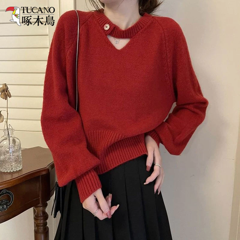 啄木鸟秋冬新款慵懒风毛衣女设计感别致镂空小心机宽松内搭针织衫