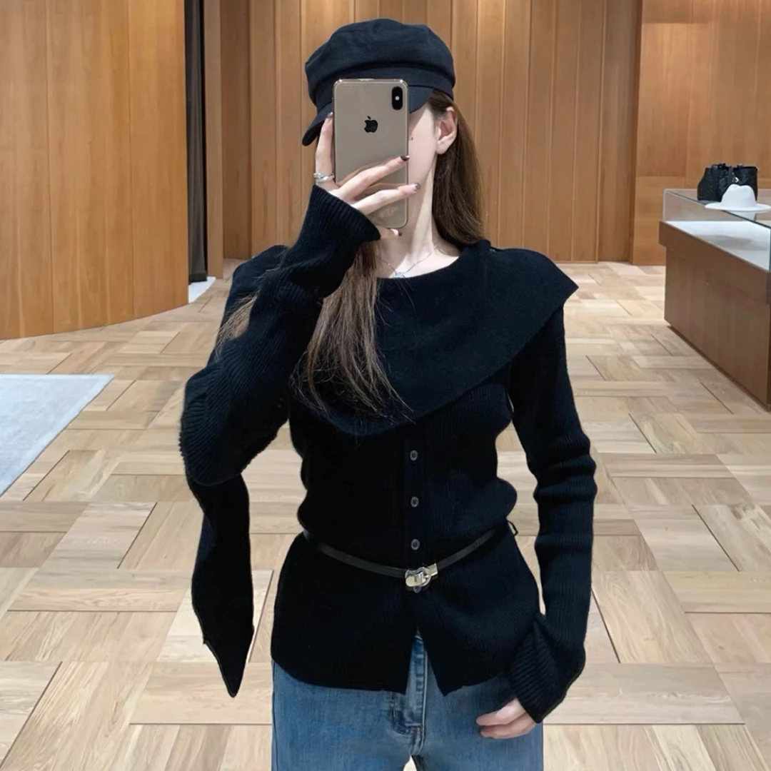 韩系早秋氛围感穿搭一整套黑色不规则披肩叠穿针织衫上衣两件套装