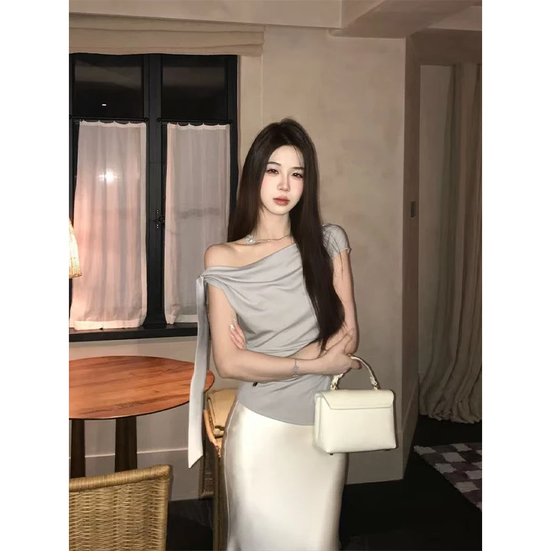文文【般般入画】小众设计感荡领系带上衣搭配渐变色鱼尾裙女