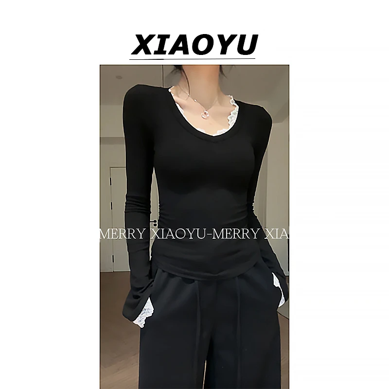 小鱼【轻松出街】蕾丝边拼接长袖T恤女秋冬气质百搭修身上衣