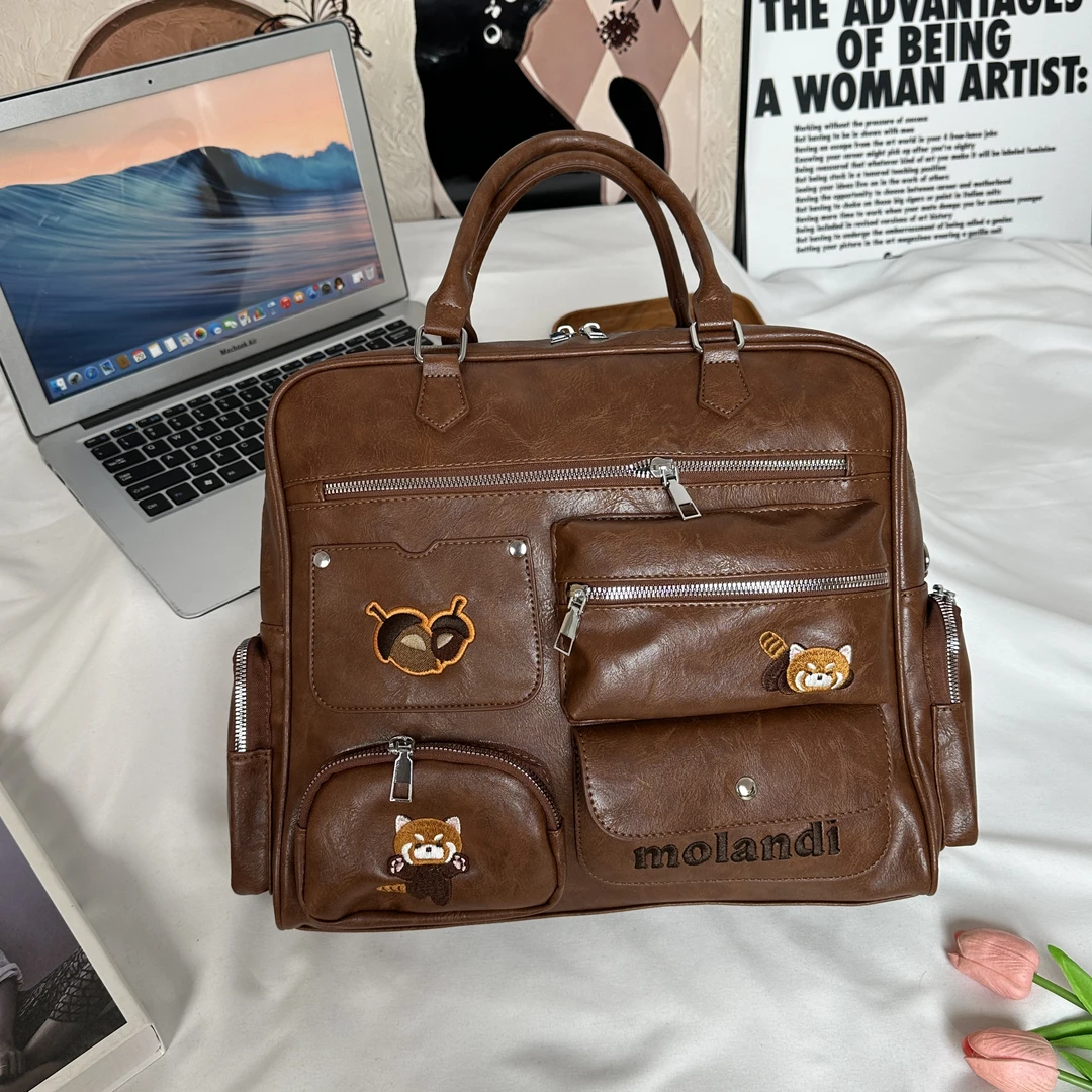 简约秋冬新款美拉德大容量手提包多口袋双肩背包时尚复古高颜值包