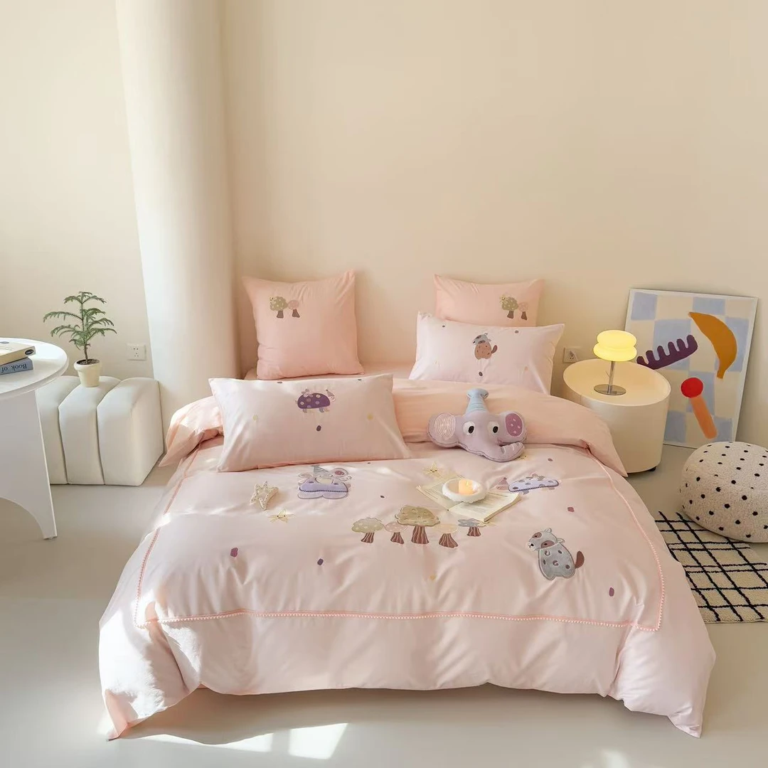 小玲子 动物城粉 全棉水洗棉三件套四件套刺绣工艺款 可爱卡通风