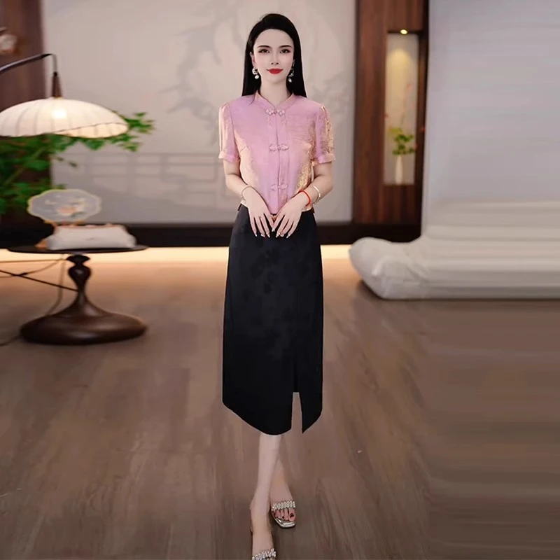 拉夏贝尔新中式套装女2025夏季国风盘扣短袖小衫上衣半身裙两件套