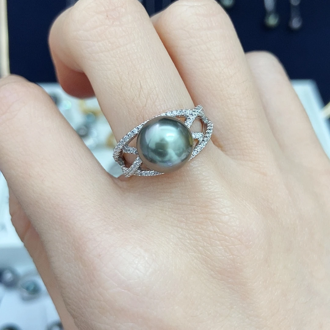 戒圈银S925镶嵌海水珍珠大溪地铂金灰戒指