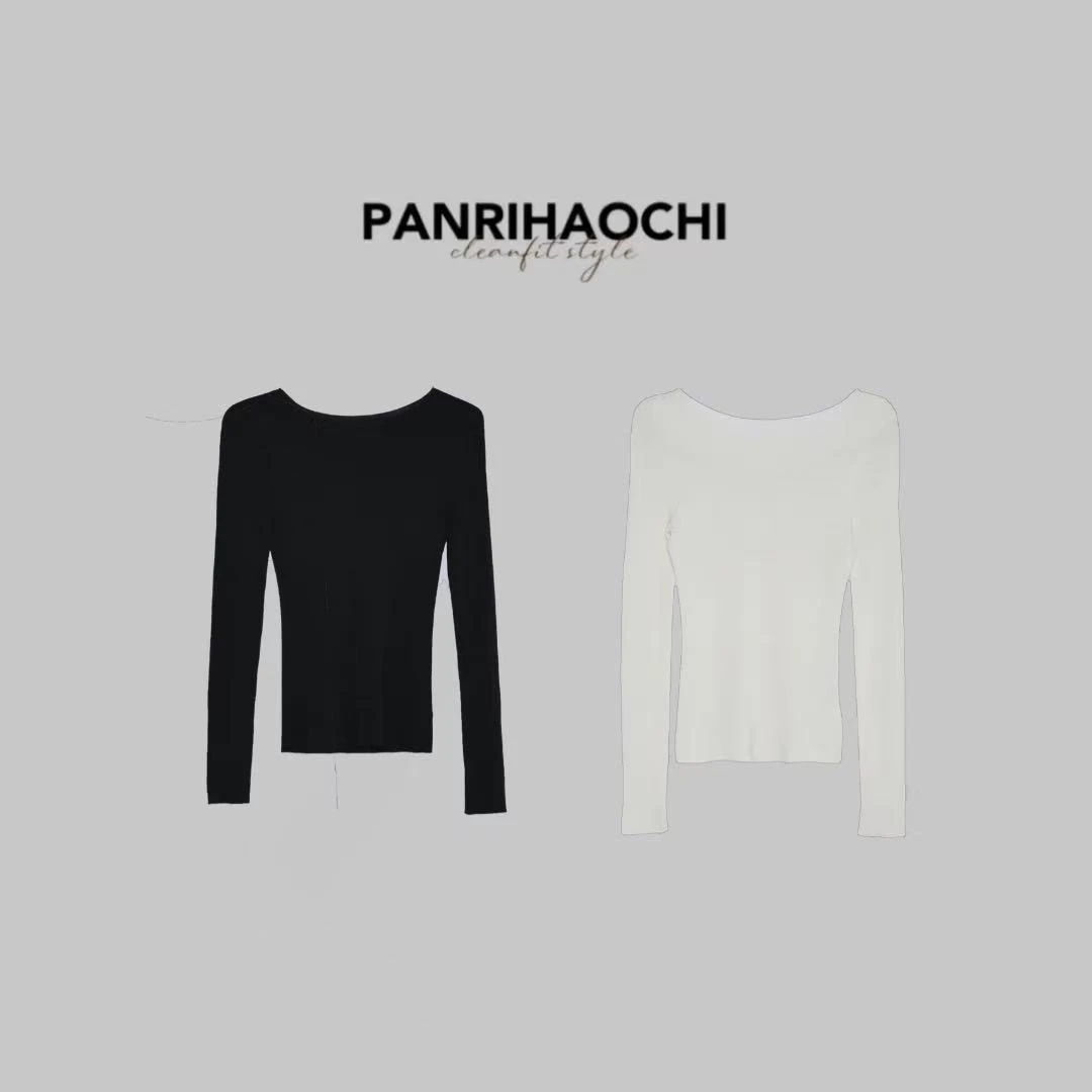 PANPAN“赫本针织”新款显瘦高级感百搭双色一字领针织长袖