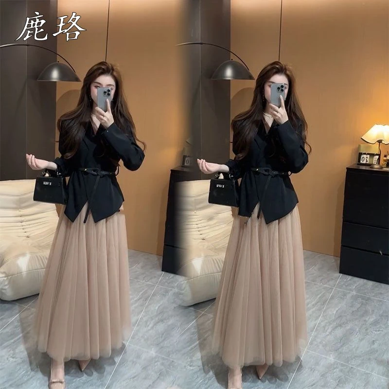 法式气质套装裙春季新款收腰显瘦西服外套高腰网纱半身裙两件套女